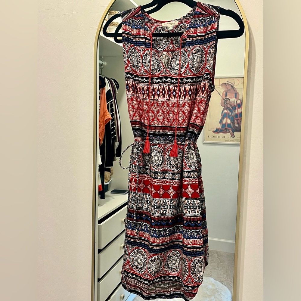 Bohemian Print Dress with Tassels, Size XS